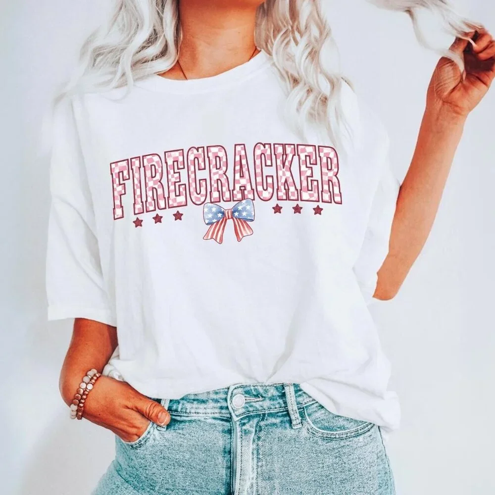 Firecracker 4th of July Shirt Women Shirt, Patriotic Coquette Bow Tee - Picture 1 of 4
